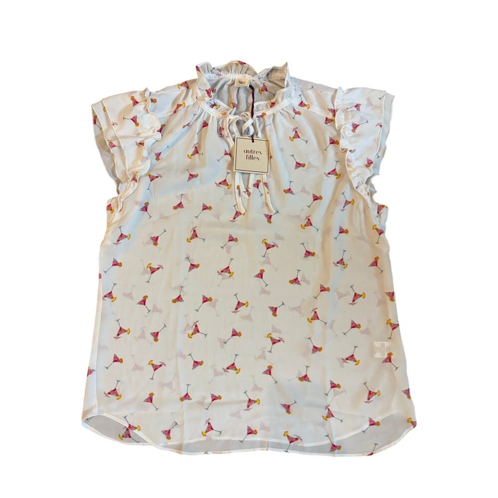 Women Small Autres Filles White Cocktail Martini Print Flutter Sleeve Blouse NWT